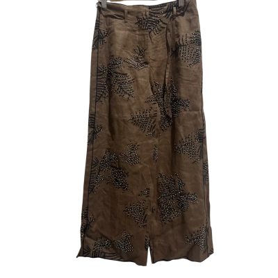 Zara ZW Collection Embroidered Wide-Leg Trousers in brown, Size S