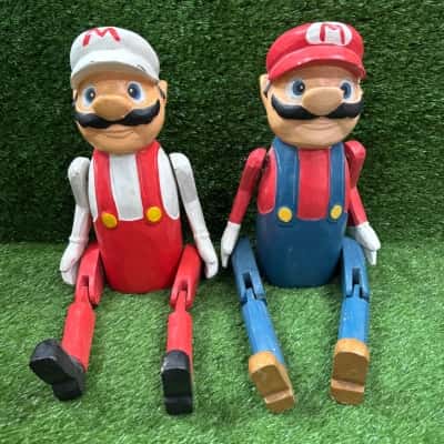 Super Mario Hand Carved & Painted Wooden Dolls x 2 