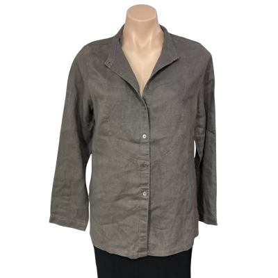 Michael Ridley Womens approx Size S Taupe Linen Long Sleeve Collarless Shirt