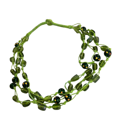 Handmade Green Triple Strand Glass Beaded Necklace 