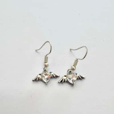 Silver Tone Hook Love Heart with Angel Wings Earrings 