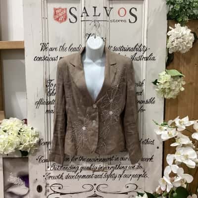 MIXIT LIFESTYLE BRAND! LIGHTWEIGHT SHIRT/JACKET WITH FLORAL BEADING THROUGHOUT! Womens  Size 10 Button Up Top / Long Sleeve Top Brown 