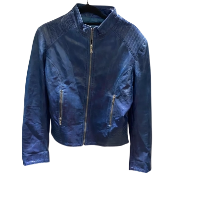  Womens  Size 10 / 12 / M Leather Jacket Blue Zip front Vintage