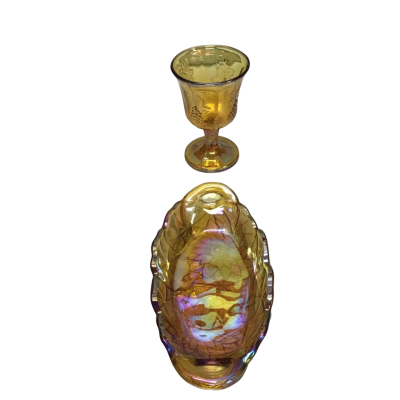 Vintage Indiana Glass Marigold Carnival Glass ‘Lily Pons’ Serving Dish & Harvest Grape Goblet
