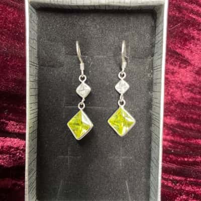 Diamond-shaped Drop Earrings Sterling Silver Light Green & Clear Stones 