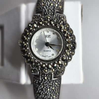  Womens 925 Watch Sterling Silver Marcasite Watch Japan Movt Quartz 
