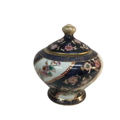 Navy Floral lidded Ginger Jar or Urn Approx 14 x 13cm