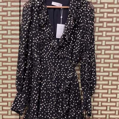 NWT RRP 595.00 Zimmermann Women's Lurex Wrap Dress Mini Dress Size 2, BLACK/GOLD LongSleeve Wrap Dress Polka Dot 