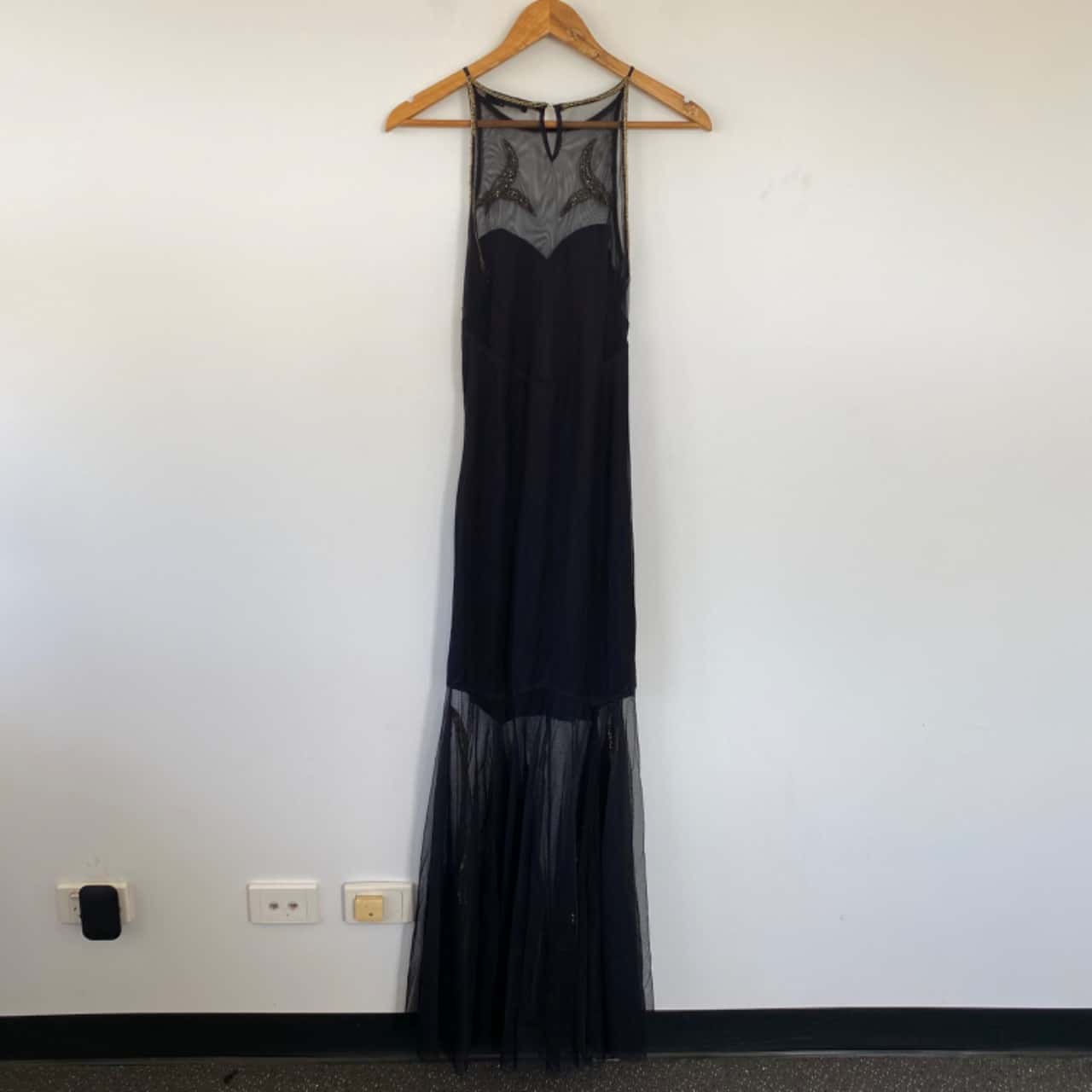 Boohoo Black Gold Embellished Mesh Maxi Dress Size 10 (s)