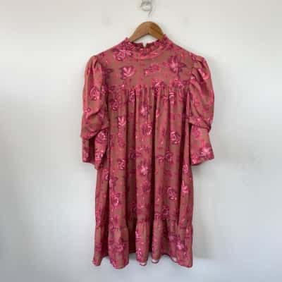 Boohoo Pink Brown Floral Puff SLeeve Mini Dress  Size 16 