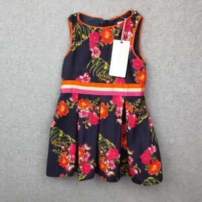 Ted Baker Kids  Size 12-18m Blue floral sleeveless dress with pleat front and ribbon waistband fully lined