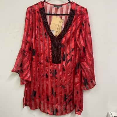 Liz Jordan Womens  Size 14 3/4 Sleeve Beaded Kaftan Red 
