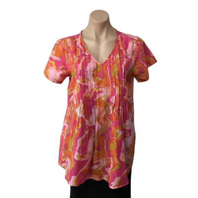 One Summer Womens Size 10 Pink / Mustard / Orange / Pattern V-neck Short Sleeve Top