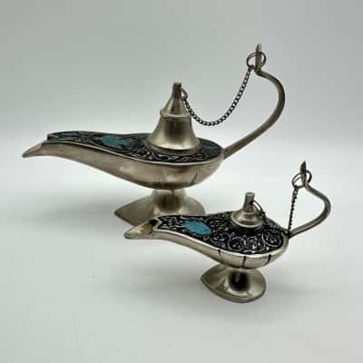 2 Beautiful Enamel Silver Tone Genie Lamps