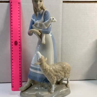 Porceval Porcelain 13” Woman Holding Lamb Mother Sheep High Gloss Foil Stamp