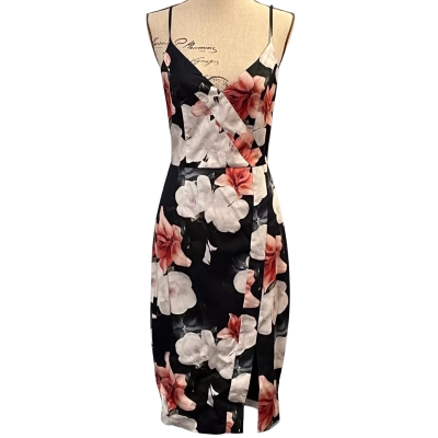 Portmans Womens Size 10 Midi/Shoestring Strap Dress Black/Floral/Pink