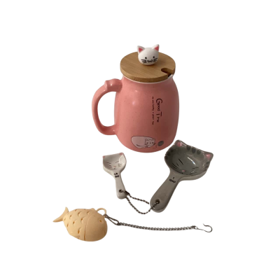 Kawaii cat mug with lid, measuring spoons and fish tea infuser