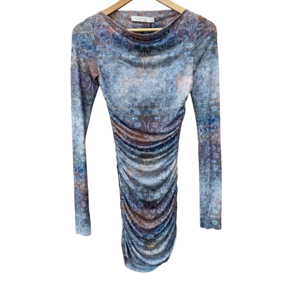 Bec & Bridge Brown/Blue Patterned Ruched Bodycon Dress Size 6