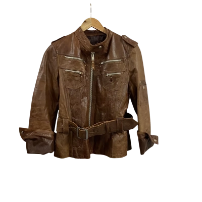Womens L’Aurore Size 7 Fine Leather Biker Jacket Brown