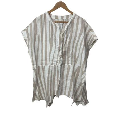 W-Lane Womens Size 20  Beige / White Zebra Striped Linen Short Sleeve V-neck Top
