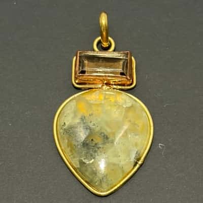 Teardrop Shaped Moss Prehnite and Smoky Quartz Pendant