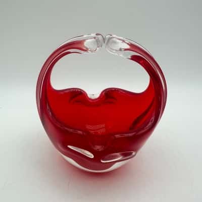 Gorgeous Art Glass Red & Clear Basket