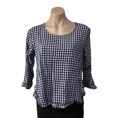 Worthier Womens Size S / M Navy Blue / White Checked Linen Blend 3/4 Sleeve Top 