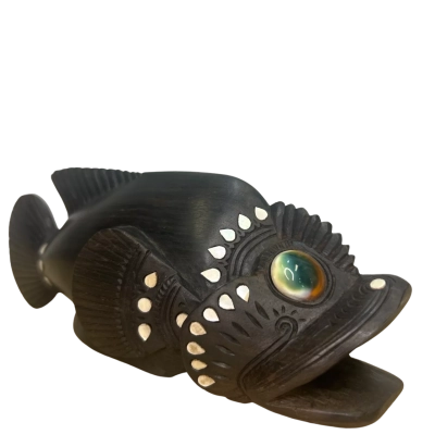 Vintage Ebony Wood Art Hand Carved Rock Fish with Mother Pearl