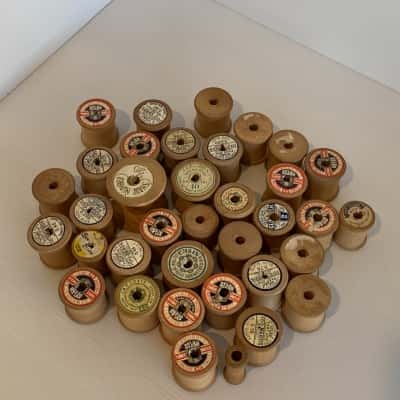 Empty Wooden Cotton Reels (36) in a Foley & Court Tin