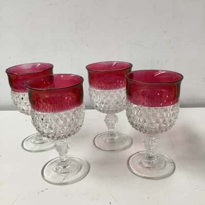 Cut Glass wine glasses with rose coloured tops x 4 