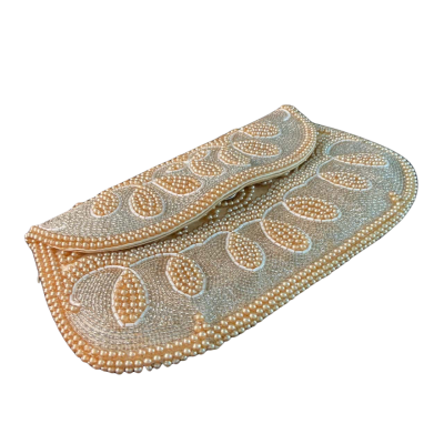  Womens vintage beaded Evening Bag Cream / Gold / Silver 