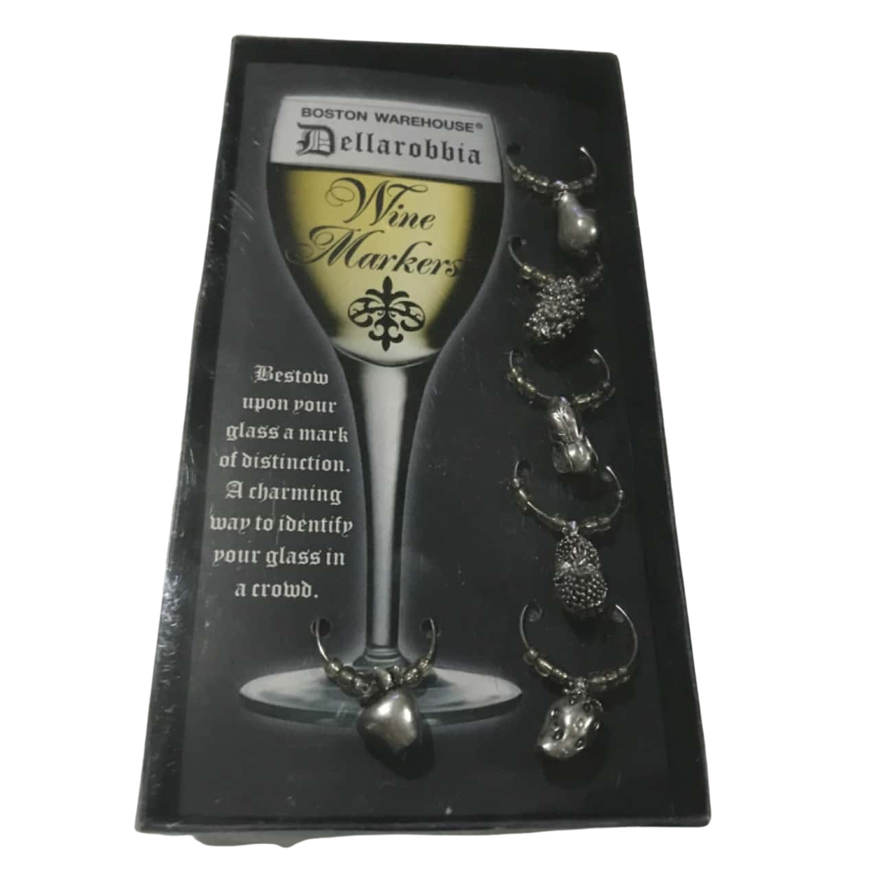 BNWT Boston Warehouse Dellarobbia Set/6 Wine Markers Charms Silver Metal fruits New(s)