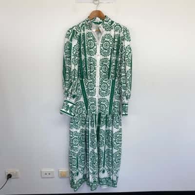 R-X Green White Pattern Button Up Long SLeeve Maxi Dress  Size L 
