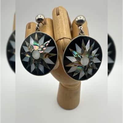  Alpaca Mexico Silver Earrings With Abalone Shell Inlay