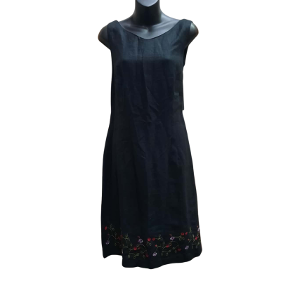 New With Tags JUMP Brand Size 14 Sleeveless Black Dress with Embroidered Floral Hem 100% Linen