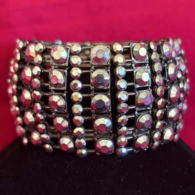  Women's Multi Row Rhinestone Stretch Cuff Bracelet Gun Metal Tone