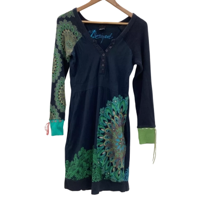 Desigual Womens  Size M Casual Dress Navy Blue Asymmetric Peacock Print 