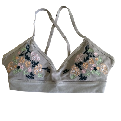 Lorna Jane Yoga Bra Size S Grey with pink, green and orange embroidery