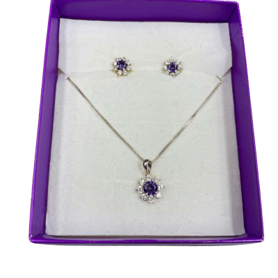 Sterling Silver Amethyst & CZ Necklace & Earrings 