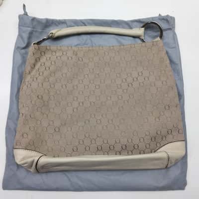 Oroton Monogram Canvas Hobo Handbag Cream Beige Leather Trim Shoulder Bag