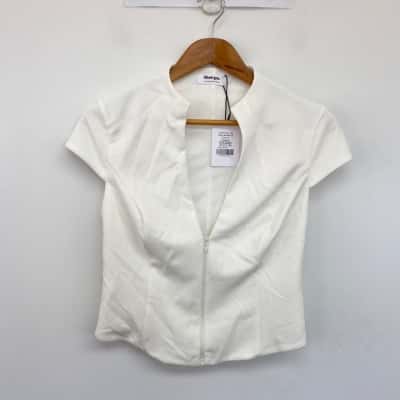 Showpo White Duncan Cap Sleeve Slit Neck Zip Front Top  Size 12 