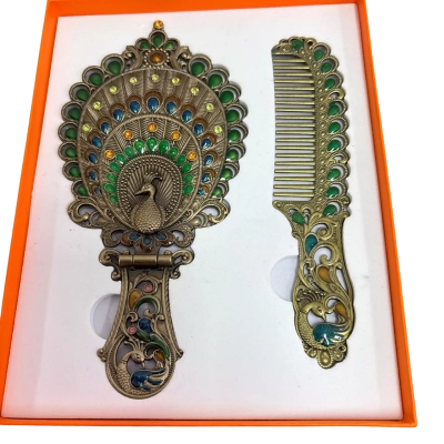 Vintage Style Enamelled Peacock Mirror and Comb Set