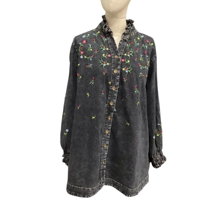  Anemi  Size M Long Sleeve Shirt with Floral Embroidery Stone Wash Denim Black  