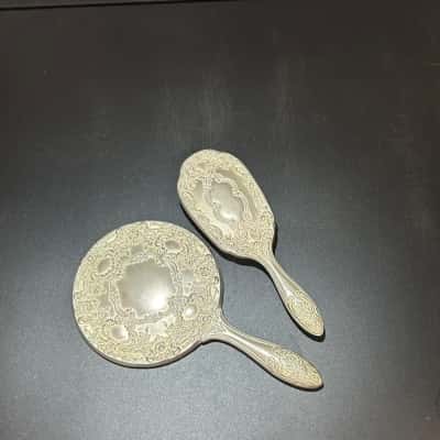 Old Vintage Heavy Silver Plate Ornate Vanity Hand Mirror w/ Brush Art Nouveau Floral 
