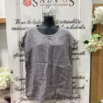 Brave + True Brand! 100% LINEN CREWNECK TOP! Womens  Size M Blouse / Crew Neck Top / Short Sleeve Top Grey 
