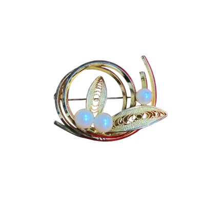  Womens Brooch gold plated with faux pearls. Swirl design. Vintage. 