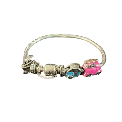  Womens ‘Soulfeel’ Sterling silver Beaded charm Bracelet  with silver charms Blue / Pink  / Silver 