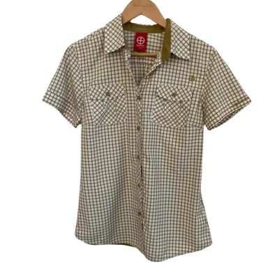 Vigilante Womens  Size 10 Button Up Top Gingham / Off White / Olive 