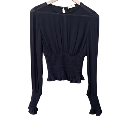 Kookai Black Sheer/Shirred Long Sleeve Top Size 34