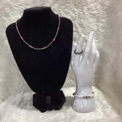 Women's Hematite Beaded Bracelet, Necklace & Ring 